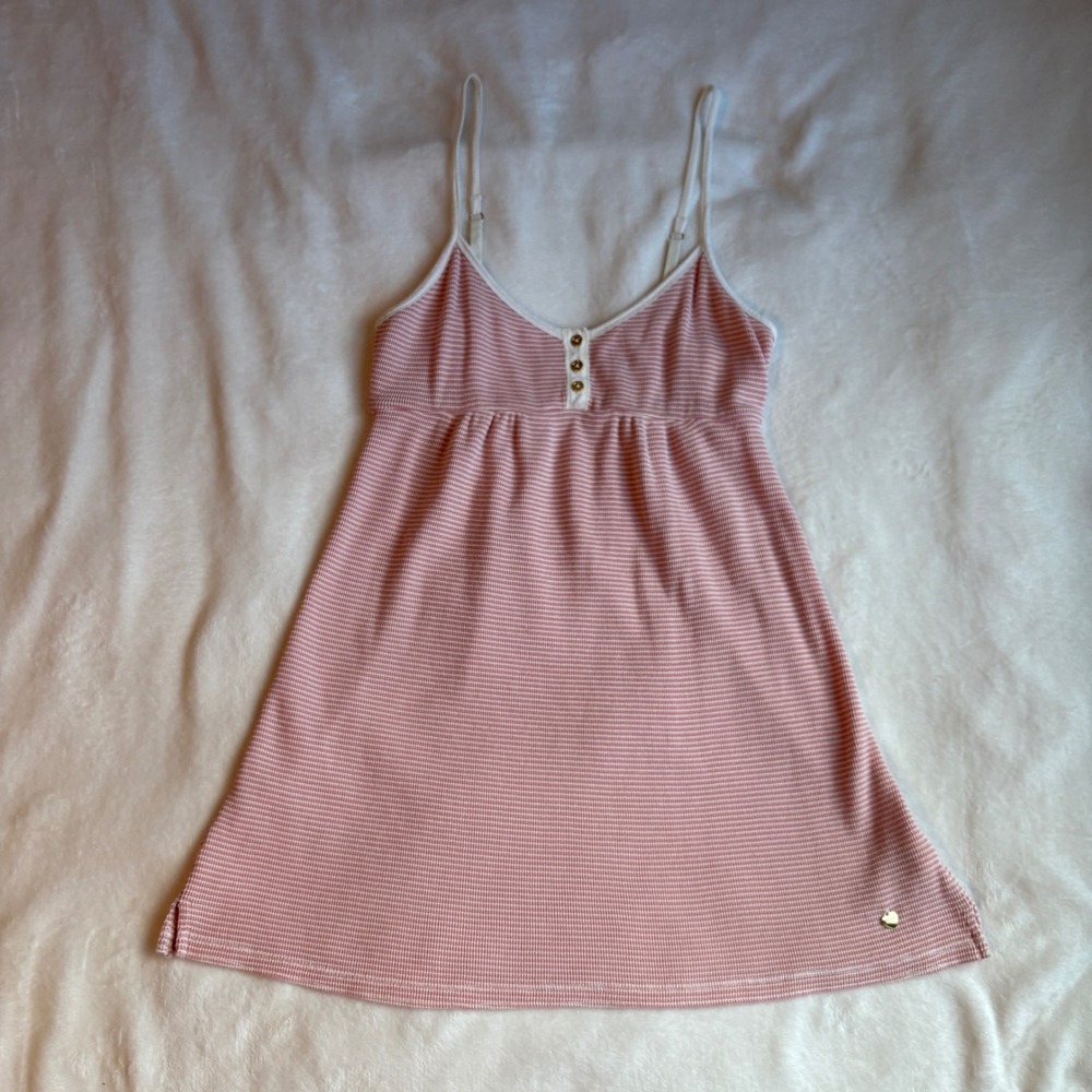 Vintage Juicy Couture Pink Striped Babydoll Cami Top Y2K Henley Waffle Knit M